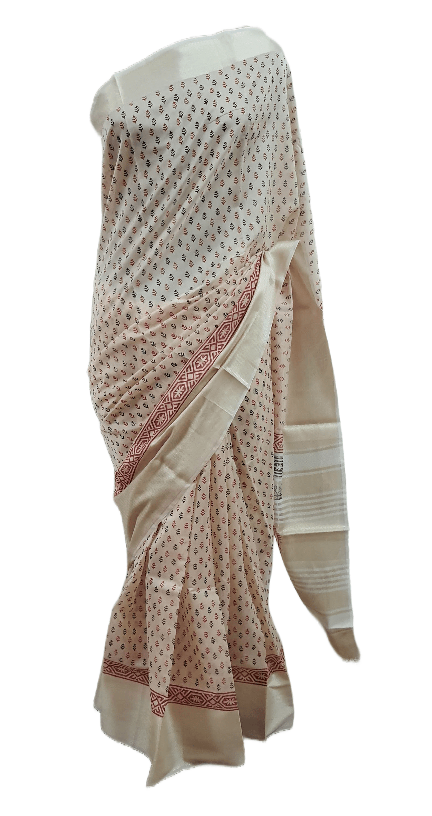 Pure Maheshwari Block Printed Cotton Silk Beige Saree - Ethnic's By Anvi Creations
