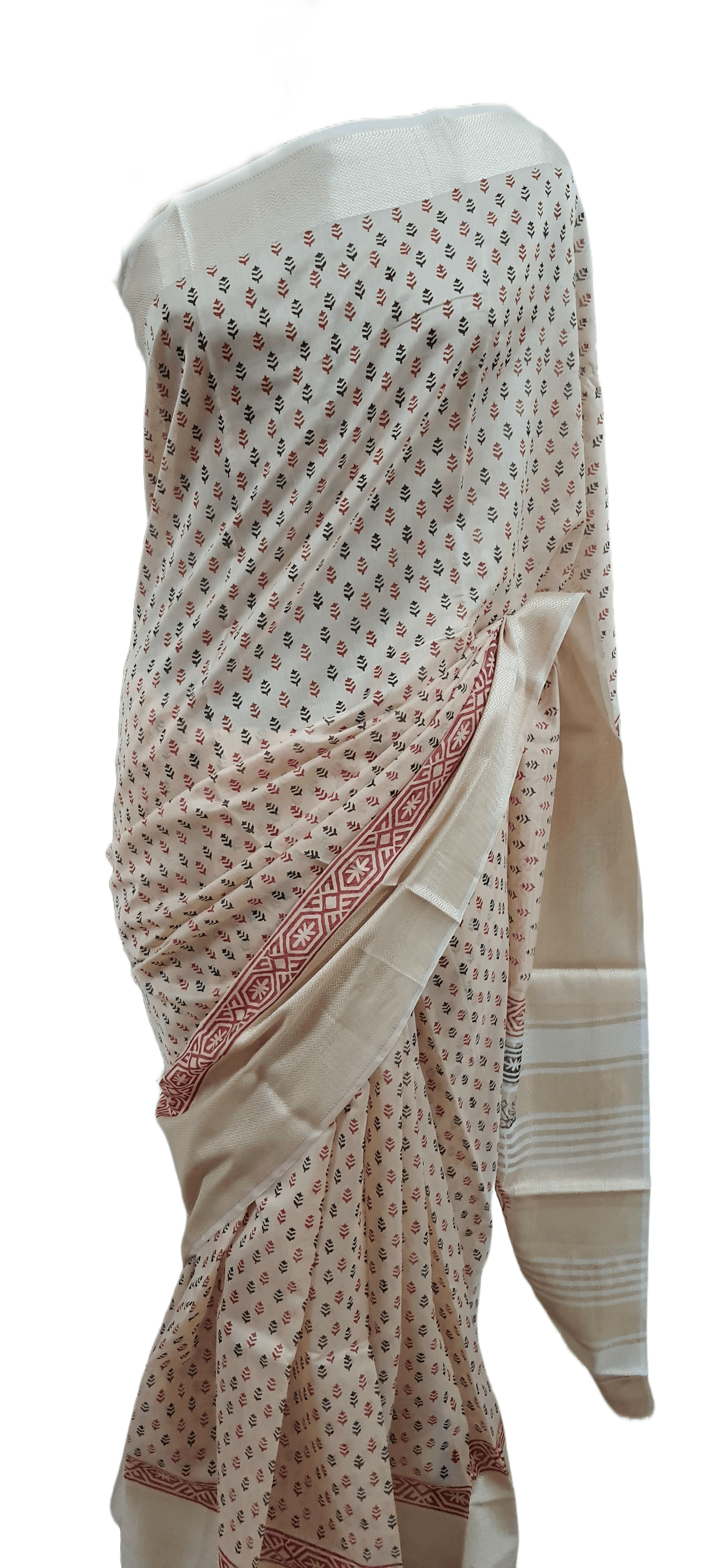 Pure Maheshwari Block Printed Cotton Silk Beige Saree - Ethnic's By Anvi Creations