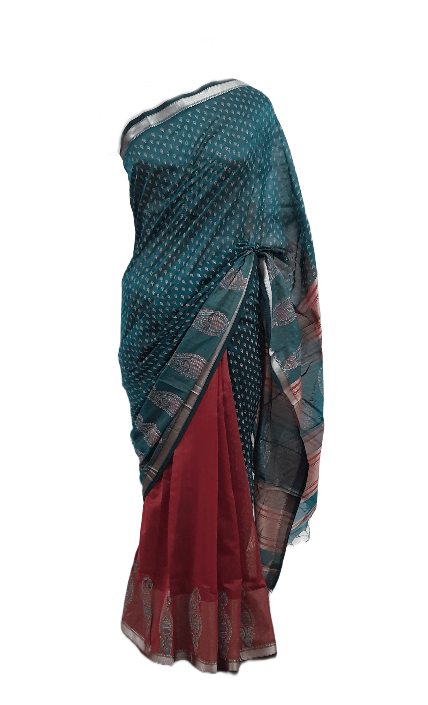 Pure Maheshwari Block Printed Cotton Silk Green Saree - Ethnic's By Anvi Creations