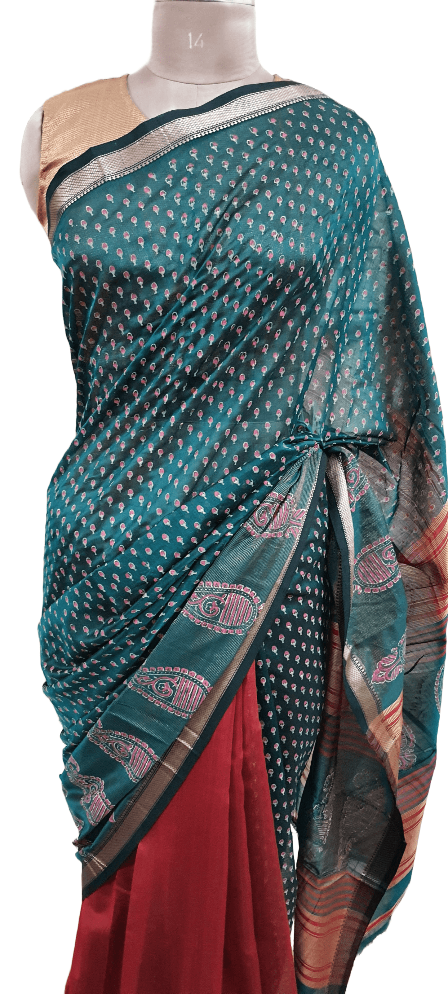 Pure Maheshwari Block Printed Cotton Silk Green Saree - Ethnic's By Anvi Creations