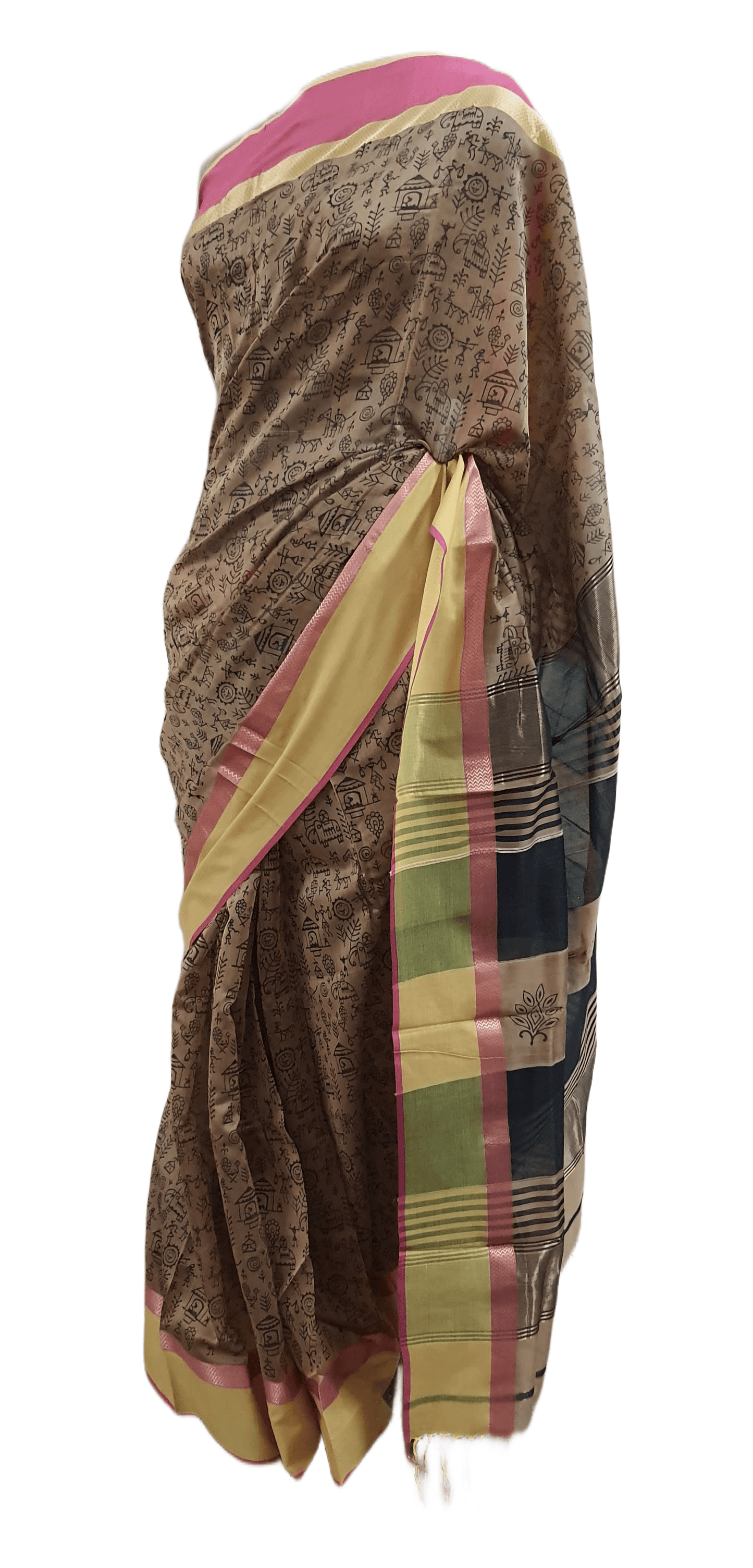 Pure Maheshwari Block Printed Cotton Silk Brown Saree - Ethnic's By Anvi Creations