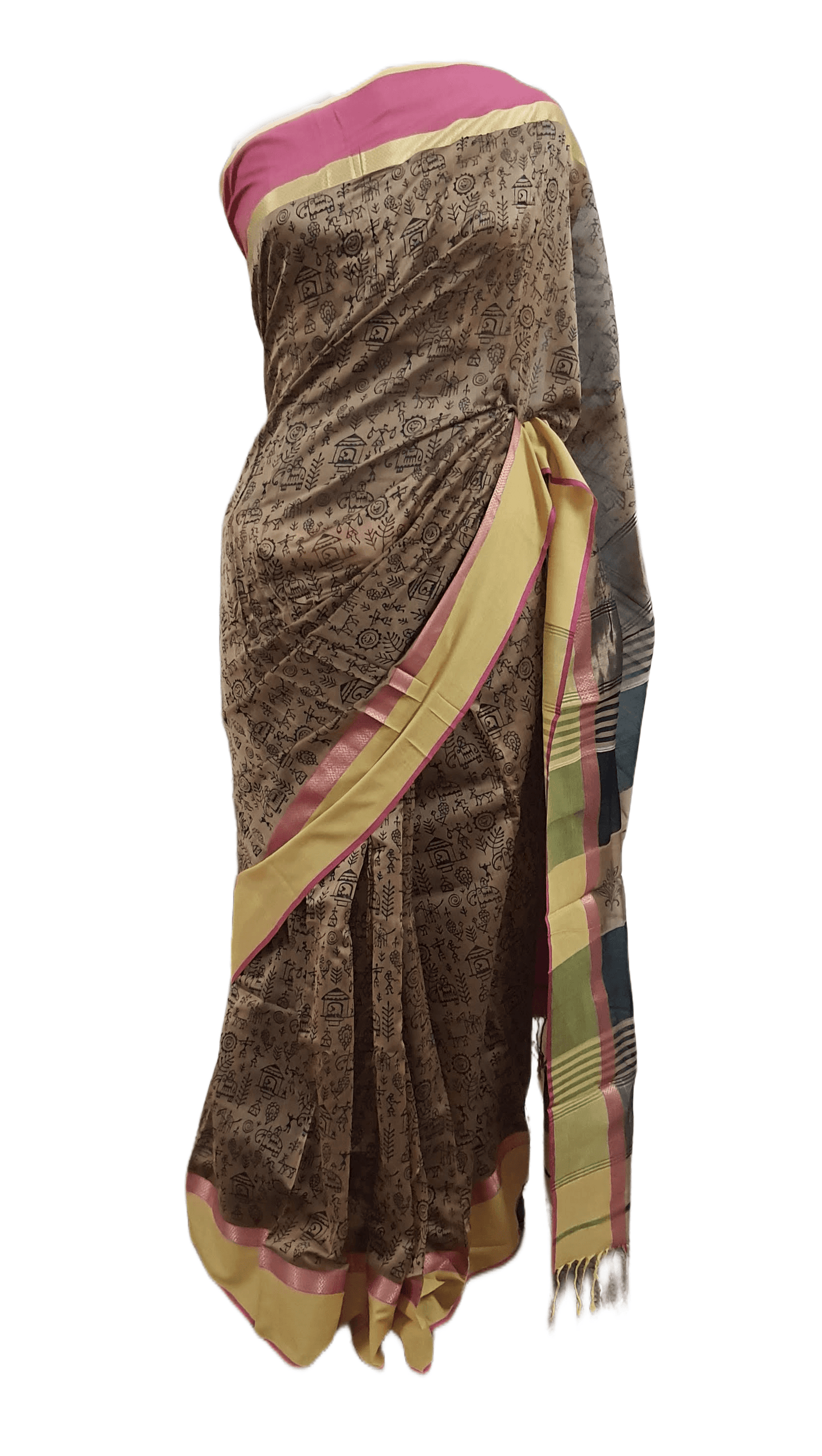 Pure Maheshwari Block Printed Cotton Silk Brown Saree - Ethnic's By Anvi Creations