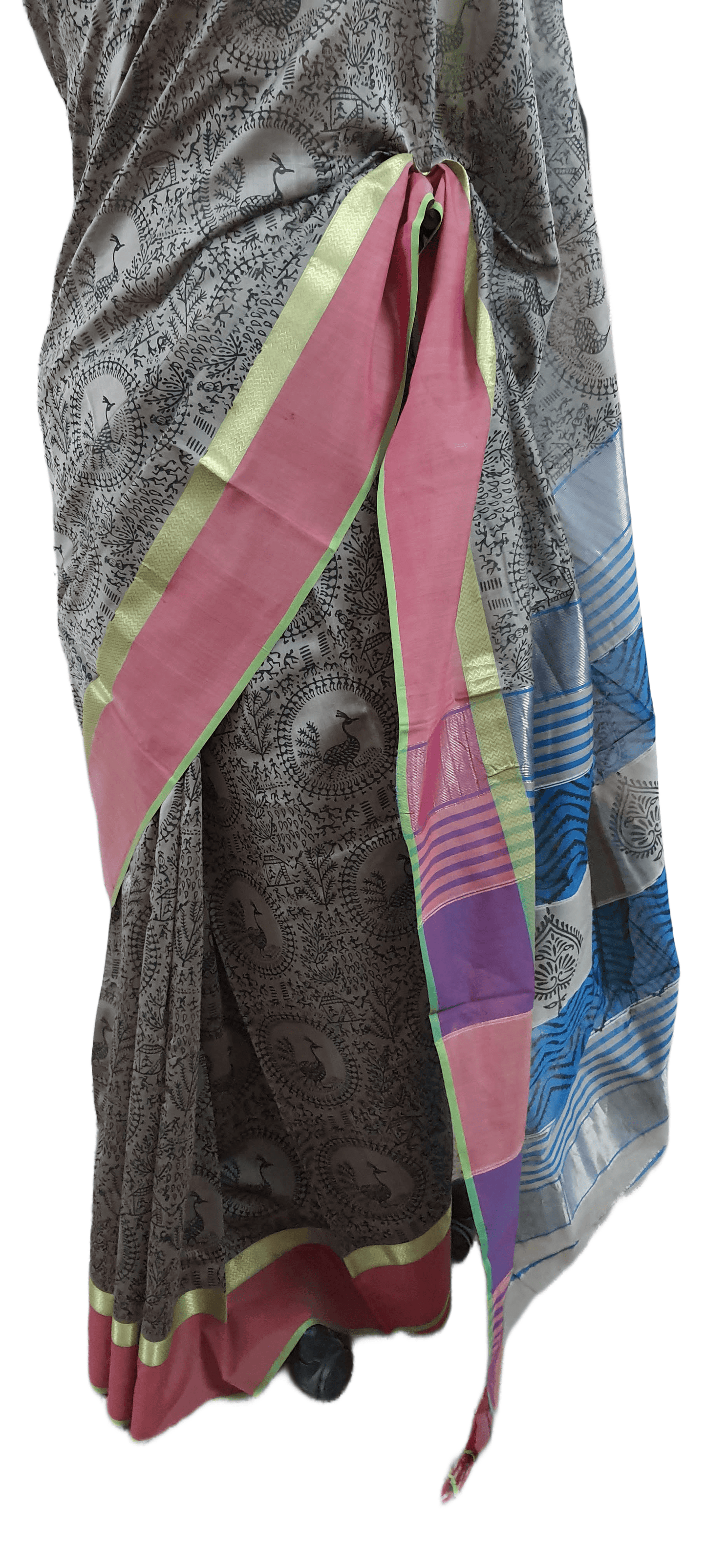 Pure Maheshwari Block Printed Cotton Silk Grey Saree - Ethnic's By Anvi Creations