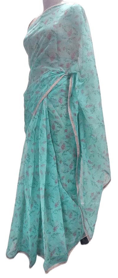 Designer Organza Turquoise Green Printed Pearl Lacer Saree SP31 - Ethnic's By Anvi Creations