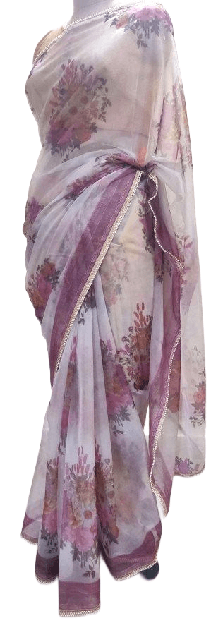 Designer Organza Onion Pink Printed Pearl Lacer Saree SP30 - Ethnic's By Anvi Creations