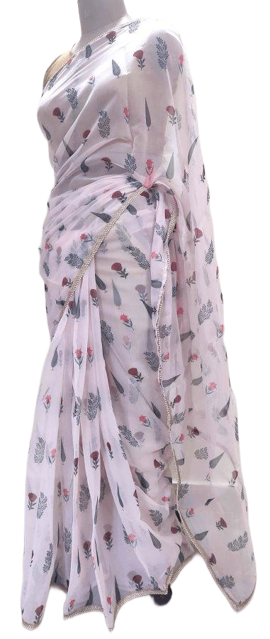 Designer Peachy Pink Organza Printed Pearl Lacer Saree SP26 - Ethnic's By Anvi Creations