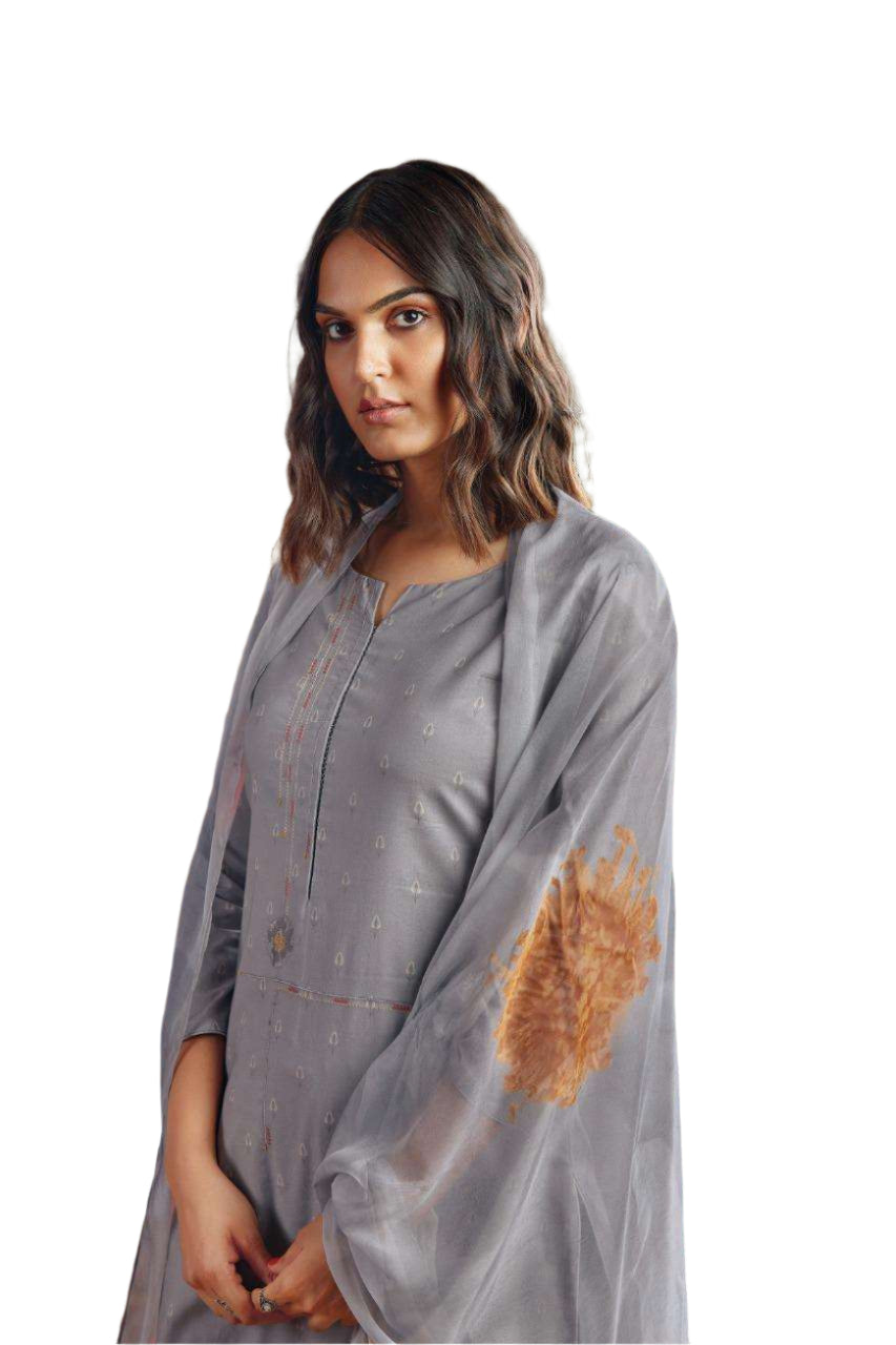 Grey Cotton Printed Light Embroidered Salwar Kameez Dress Material 403A