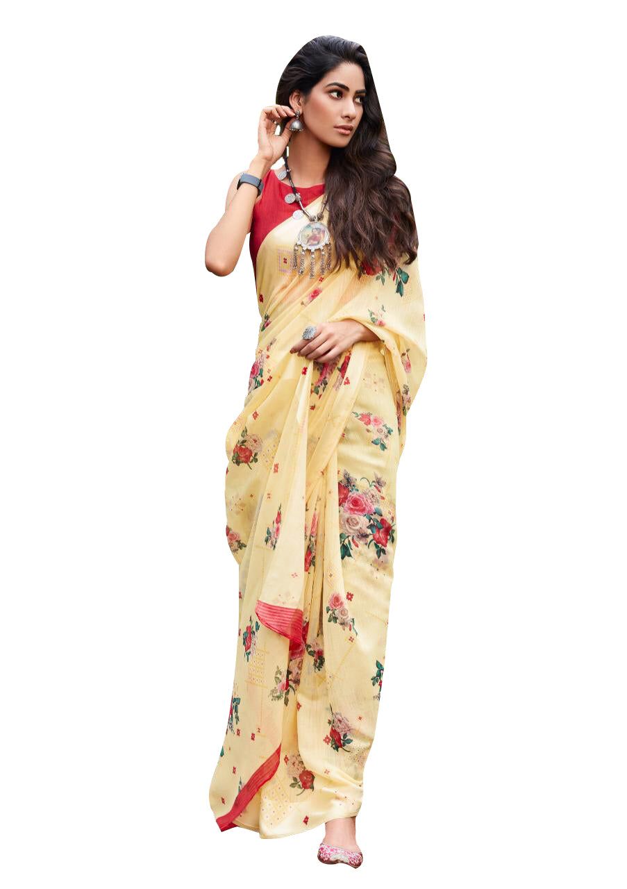 Wholesale Set of 4 Soft Linen Cotton Printed Sarees – Floral & Trendy Designer Collection SH