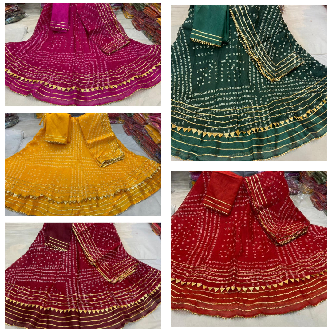 A collection of traditional Indian lehenga cholis featuring floral bandhej patterns and gota patti detailing in various colors.