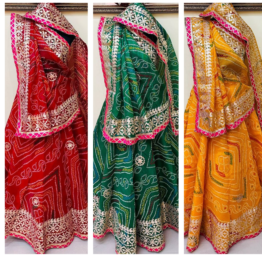 traditional Indian lehengas in red, green, and yellow, featuring intricate bandhej (tie-dye) patterns and gottapatti work.