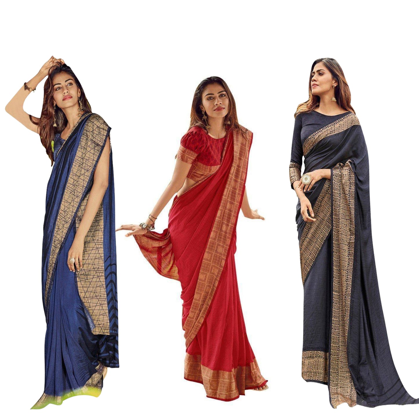 Wholesale Set of 3 Printed Crepe Sarees with Contrast Border – Lightweight Daily Wear Combo ana