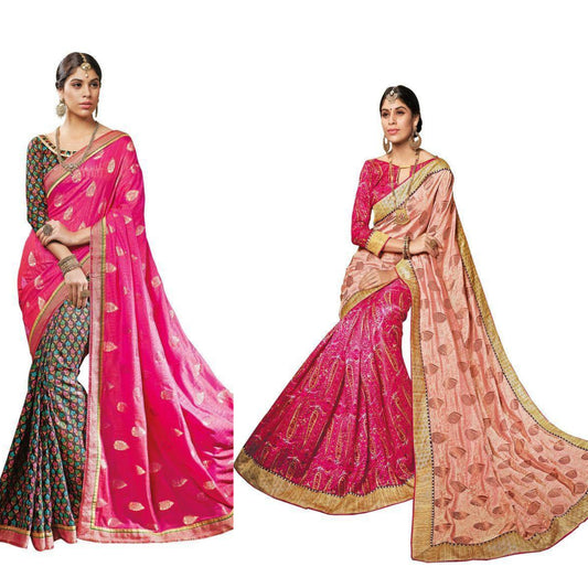 Combo Set of 2 Premium Dupion Silk Weaving Sarees | Traditional Zari Work | Festive & Wedding Wear | Singles & Wholesale