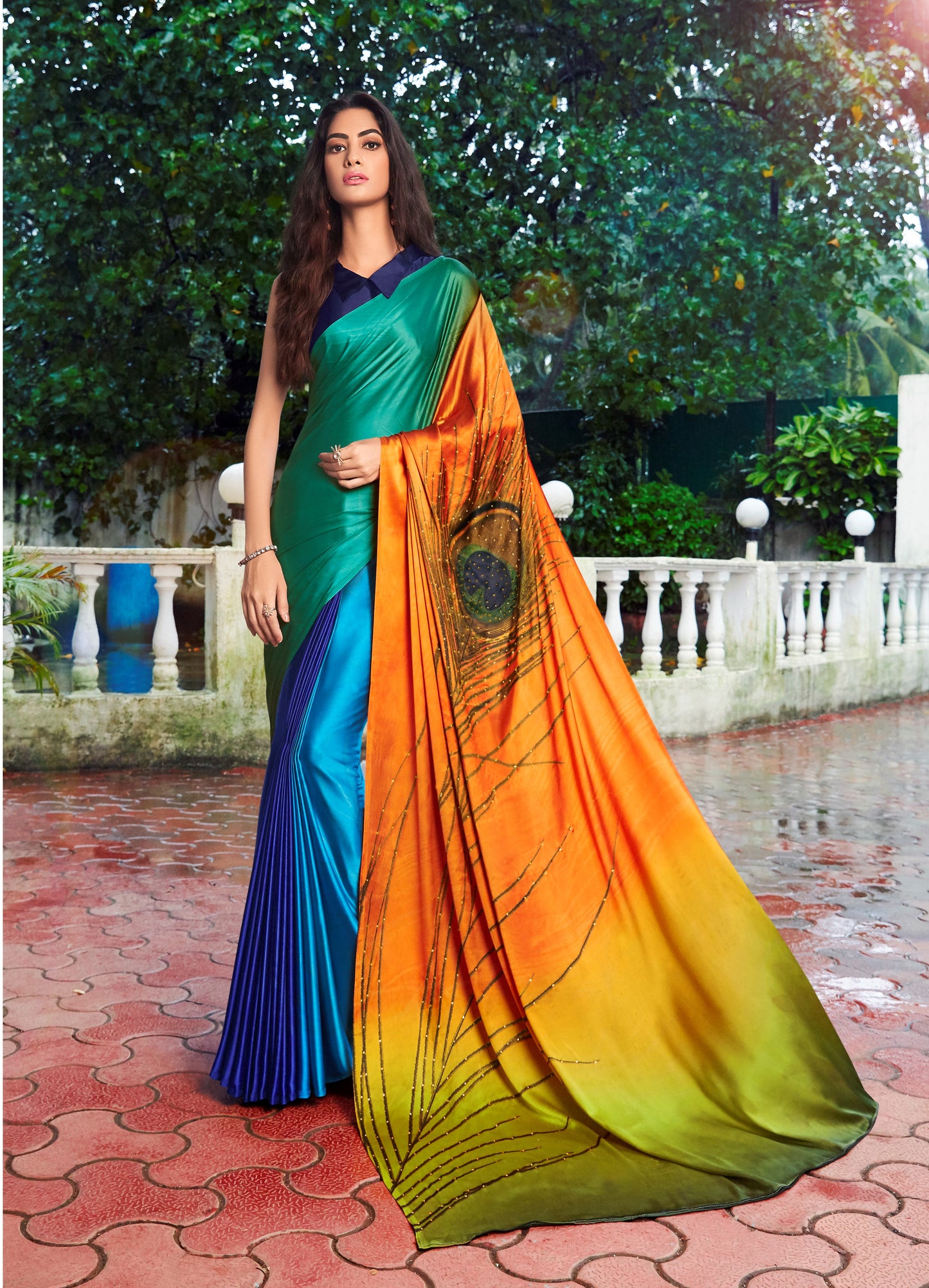 Designer Peacock Feather Turquoise Green Printed Crepe Saree VAR02