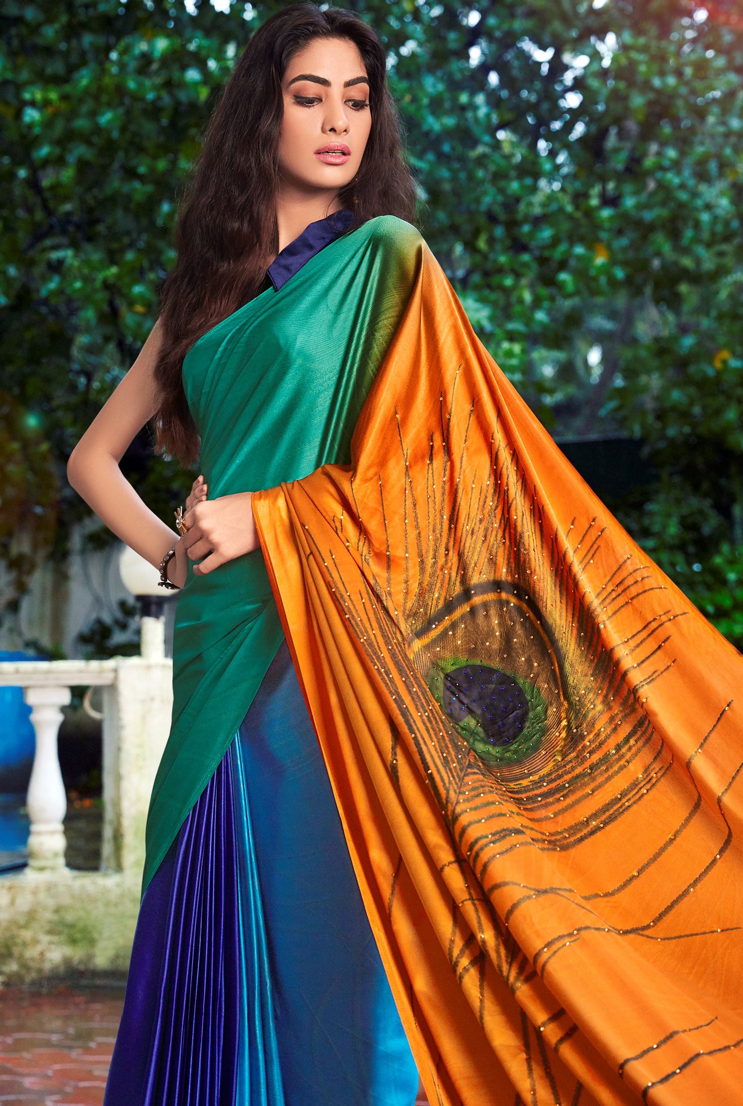 Designer Peacock Feather Turquoise Green Printed Crepe Saree VAR02