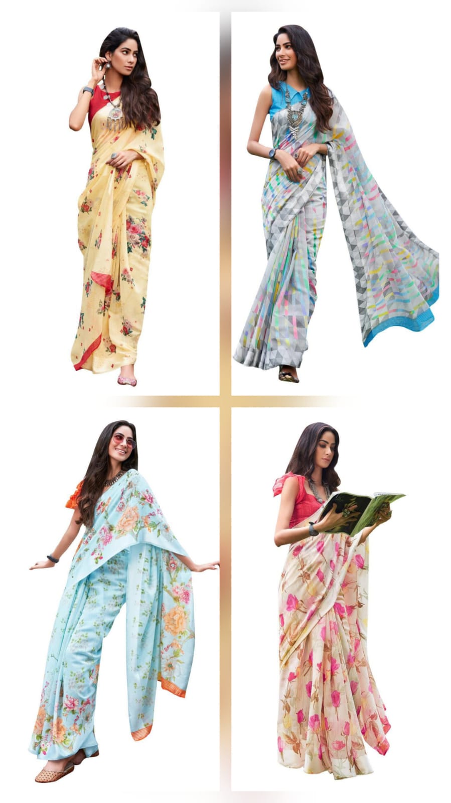 Wholesale Set of 4 Soft Linen Cotton Printed Sarees – Floral & Trendy Designer Collection SH
