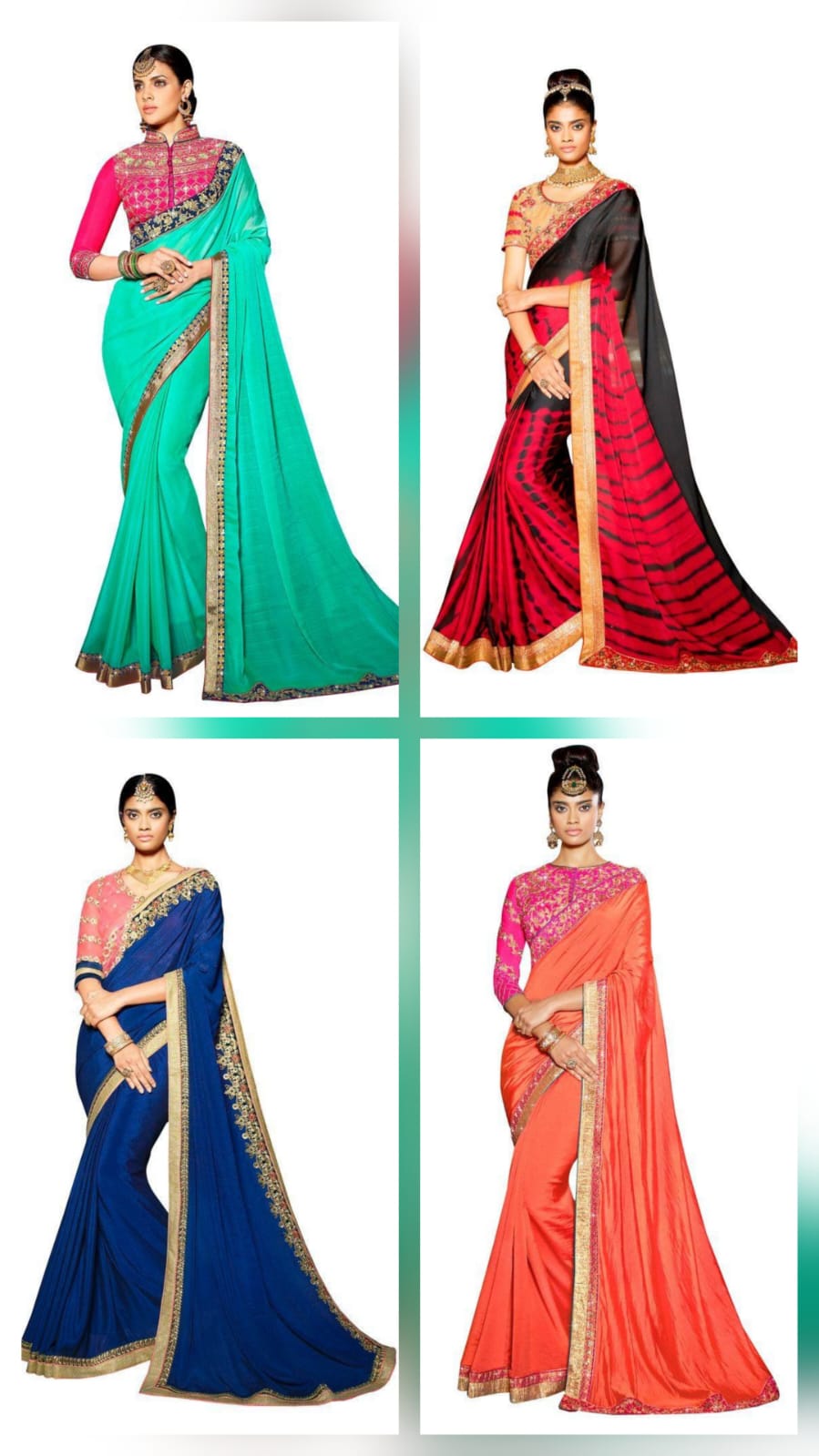 Set of 4 Designer Satin Georgette Sarees with Embroidered Borders & Heavy Work Blouse | Wholesale Party Wear Sarees Combo