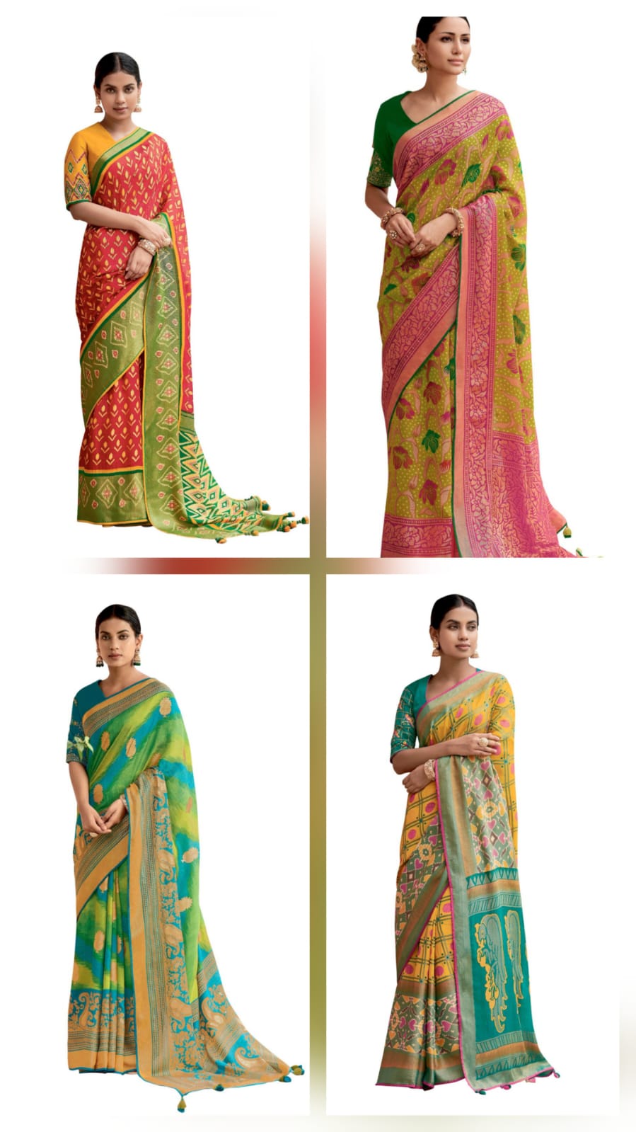 Wholesale Combo Set of 4 Designer Brasso Silk Printed Sarees with Exclusive Embroidered Blouse | Soft Weaven Fabric | Festive & Daily Wear