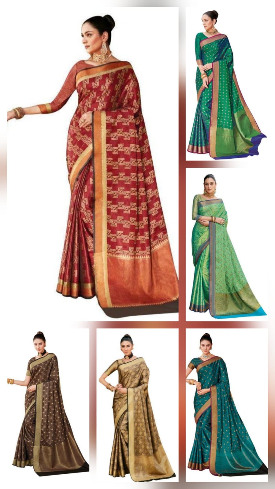 Combo Set of 6 Dupion Silk Weaving Sarees | Wholesale Traditional Zari Work Sarees