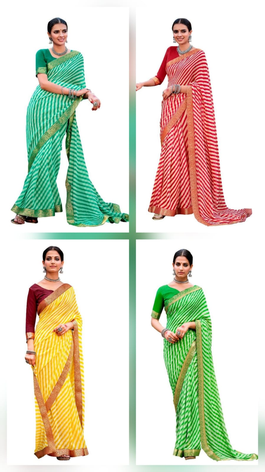 Wholesale Combo Set of 4 Lehariya Printed Georgette Sarees with Rich Brocade Borders | Light Weight Daily Wear & Festive Collection