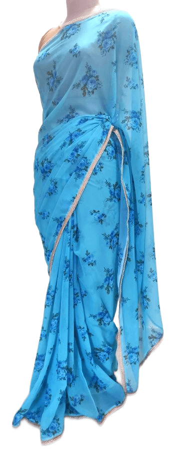 Designer Georgette Blue Floral Printed Pearl Lacer Saree SP29 - Ethnic's By Anvi Creations