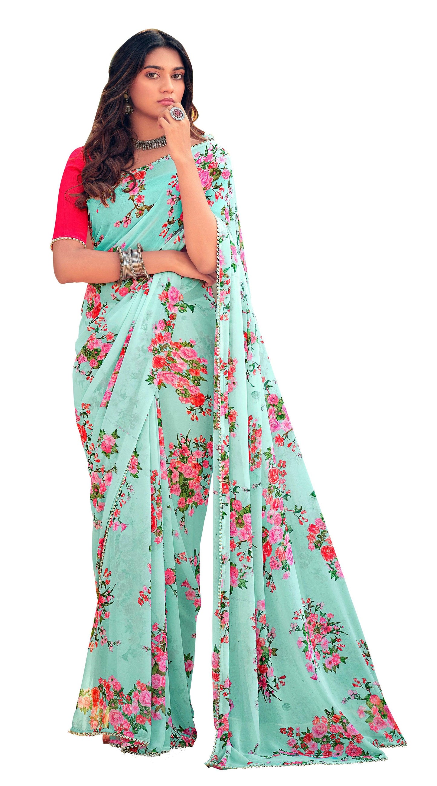 Powder Green Floral Printed Saree with Pearl Lace Work MN3805 - Ethnic's By Anvi Creations