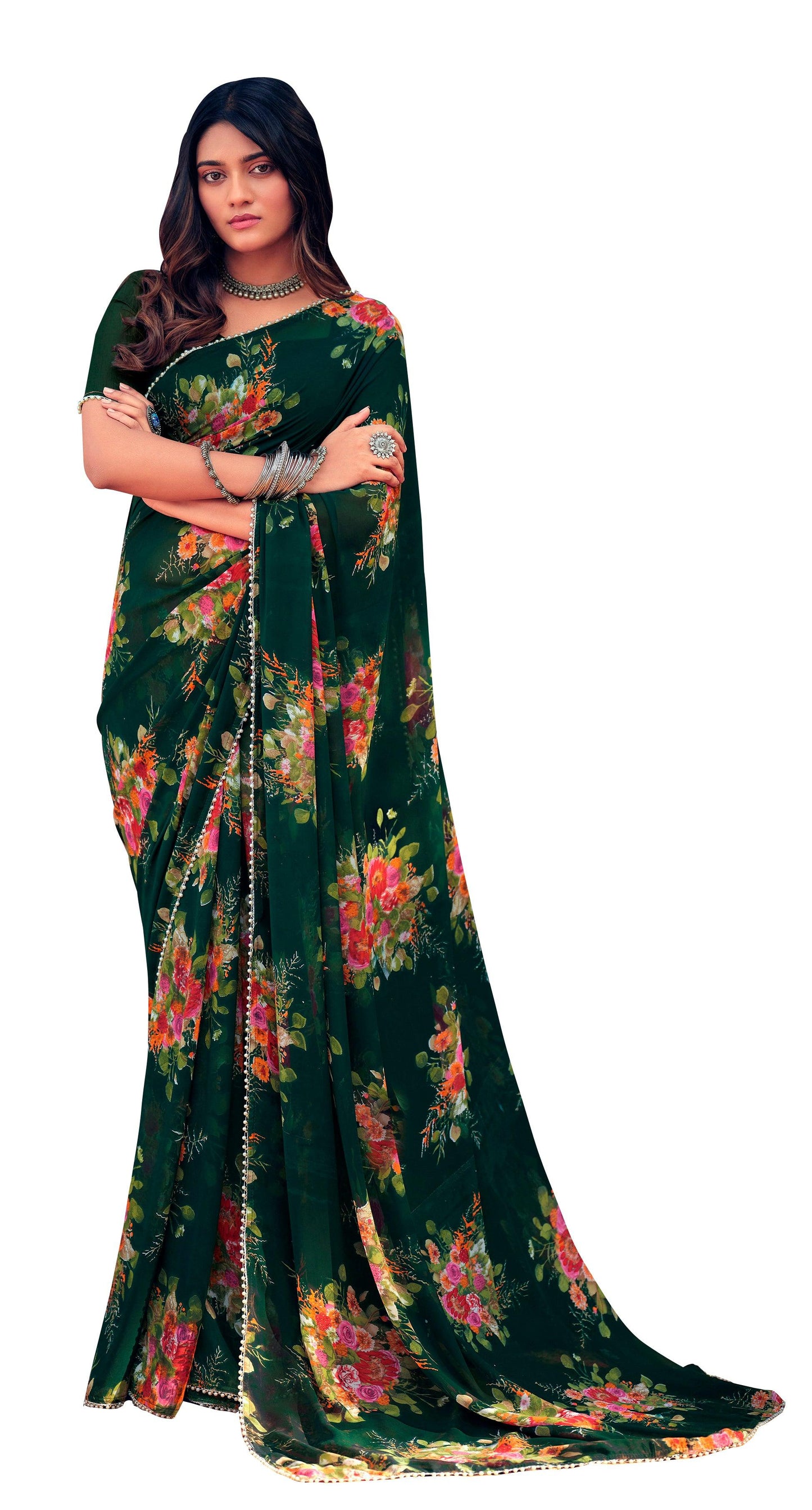 Bottle Green Floral Printed Saree with Pearl Lace Work MN3807 - Ethnic's By Anvi Creations