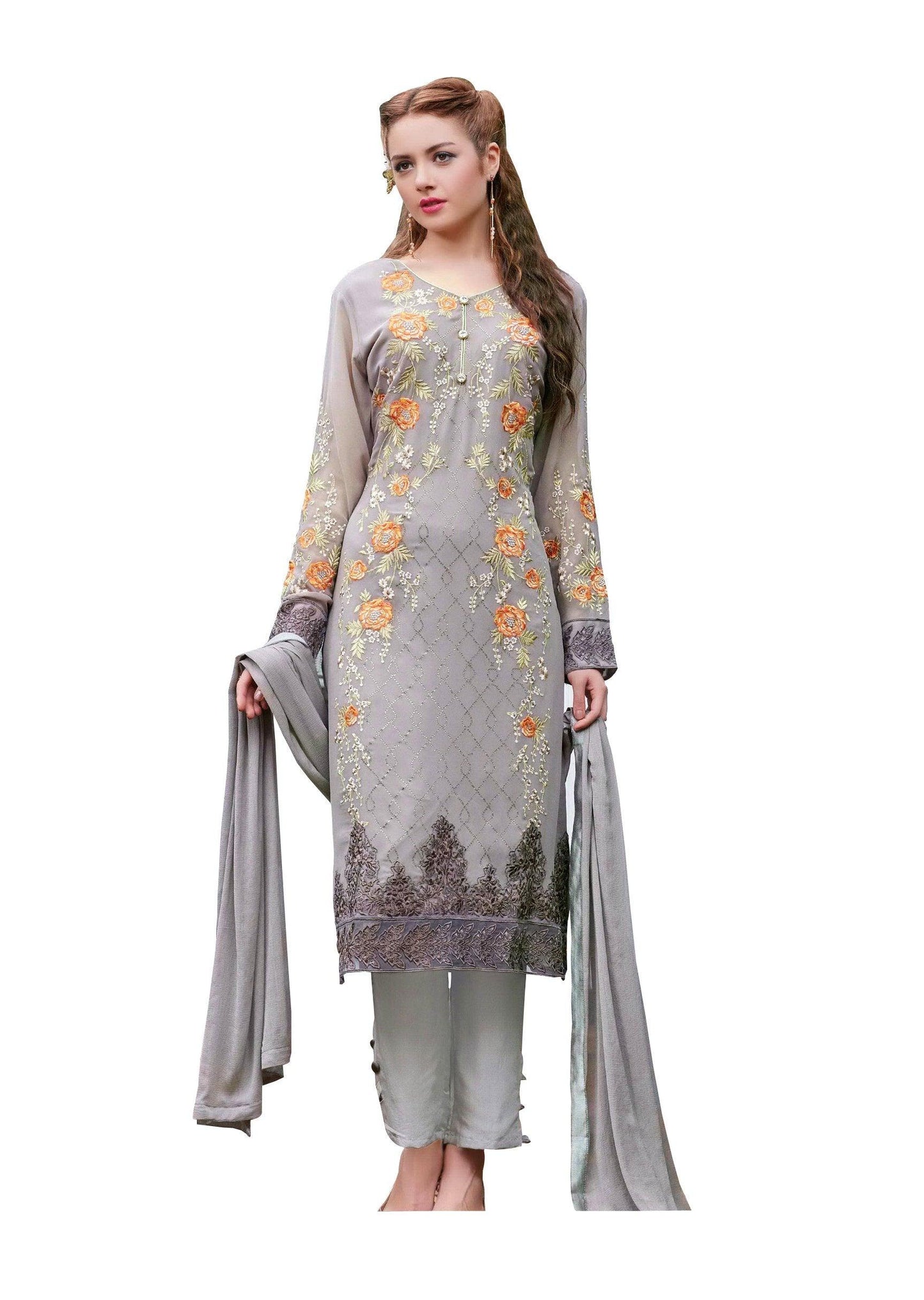 Designer Semi Stitched Grey Georgette Dress Material SC2003-Anvi Creations-Dress Material