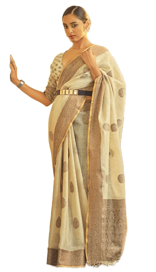 Cream Soft Linen with Tissue Silk Saree - Ethnic's By Anvi Creations