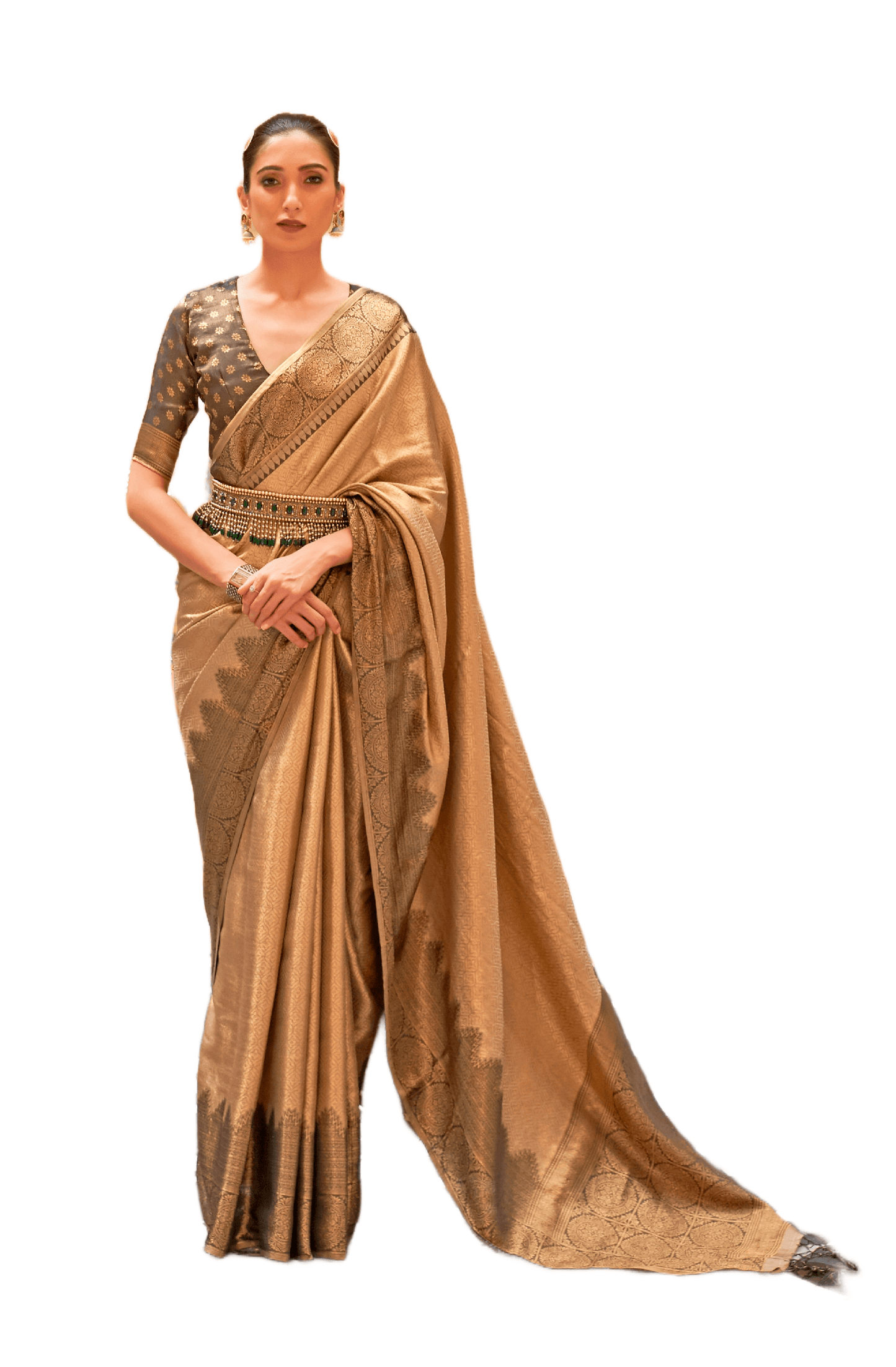 Chestnut Brown Kanjivaram Silk Saree - Ethnic's By Anvi Creations