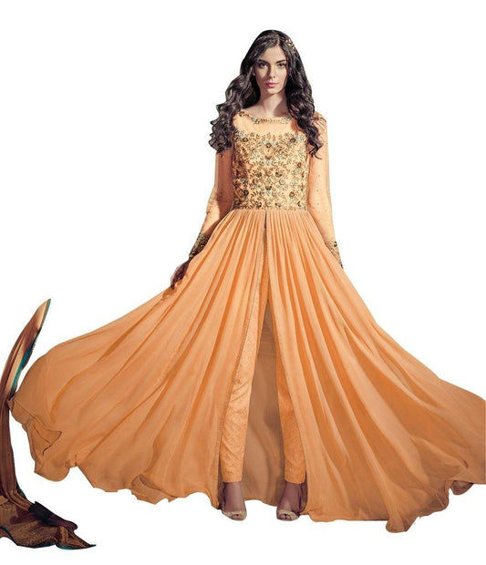Orange Georgette Long Semi stitch Anarkali Partywear Dress material Rossa4001-Anvi Creations-Salwar Kameez
