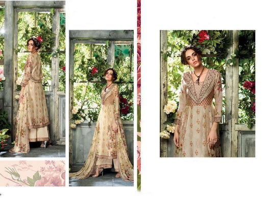 Designer Beige Kora Silk Printed Dress Material with Chiffon Dupatta GAN25-Anvi Creations-Kora Silk Dress Material