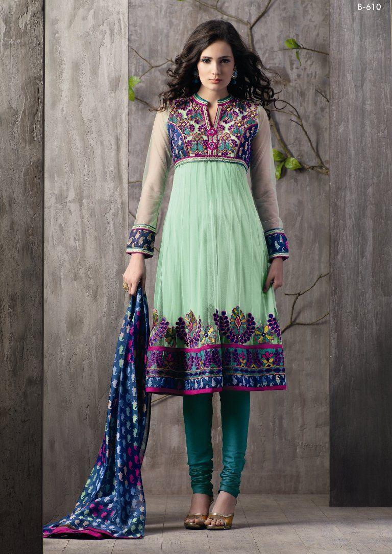 Light Green Embroidered Net Crepe Stitched Salwar kameez Churidar SC610-Anvi Creations-Ready to Wear Suits