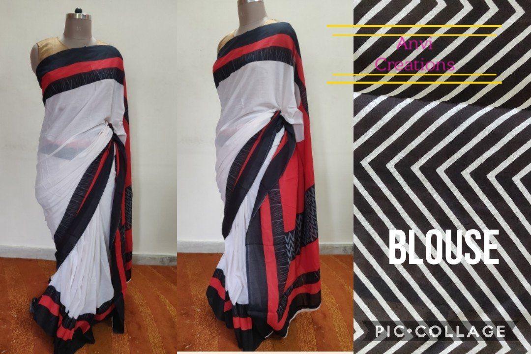 Cream Hand Block Ikkat Printed Cotton saree AA13-Anvi Creations-Handloom