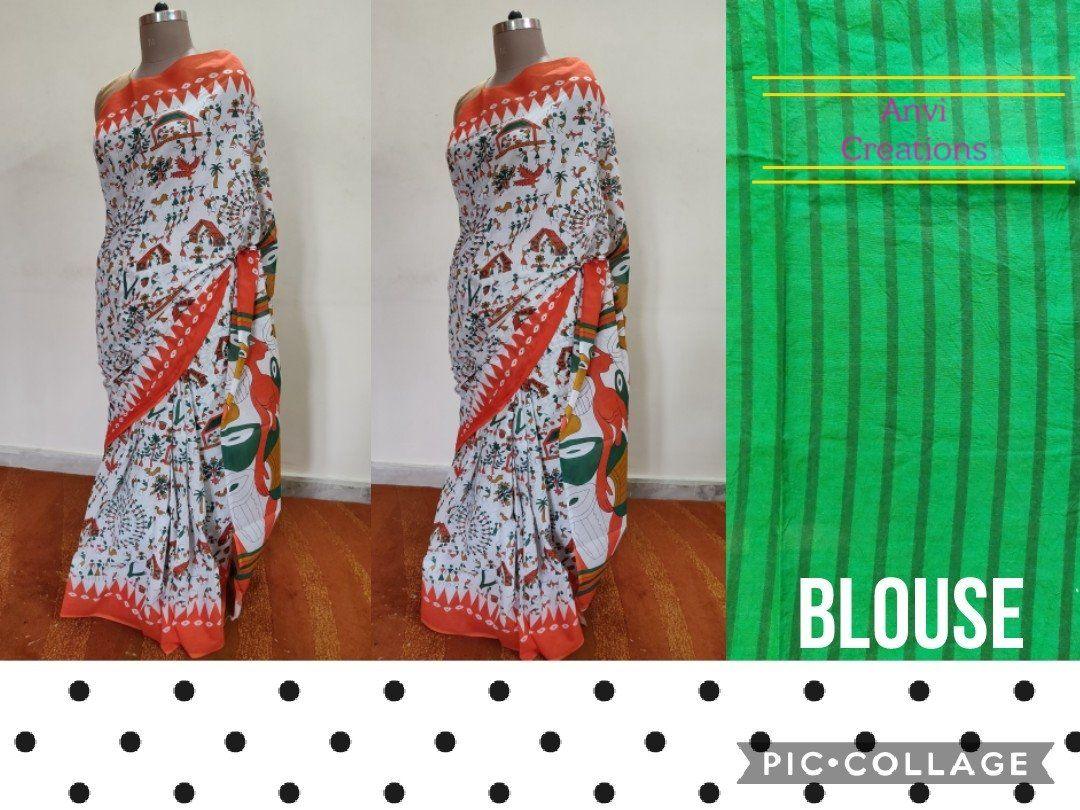 Off white Hand Block Printed Cotton saree AA03-Anvi Creations-Handloom