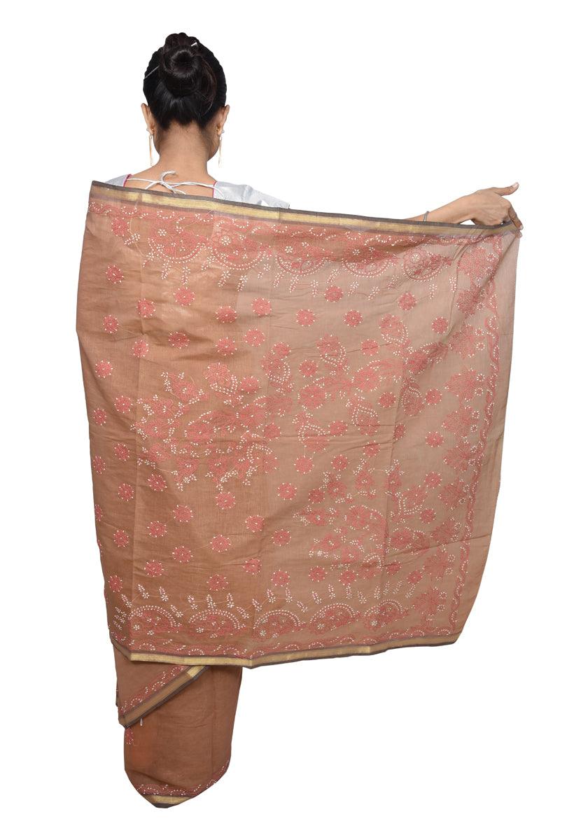 Light Brown Handloom Cotton Chikankari Saree ACC09-Anvi Creations-Chikan Lakhnavi Saree,Handloom Cotton Chikan Saree