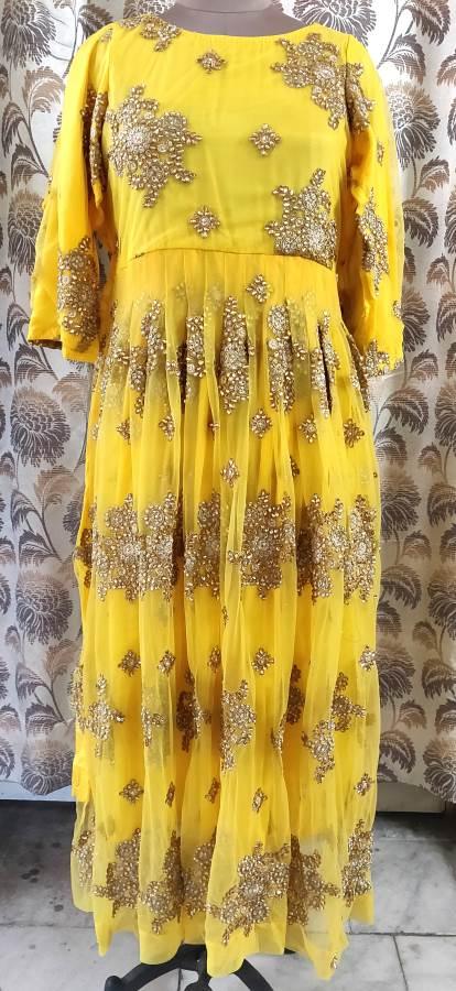 Designer Semi Stitched Heavy Embroidered Yellow Long Gown ACG01-Anvi Creations-Partywear Gown