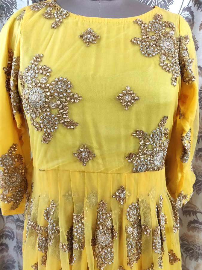 Designer Semi Stitched Heavy Embroidered Yellow Long Gown ACG01-Anvi Creations-Partywear Gown