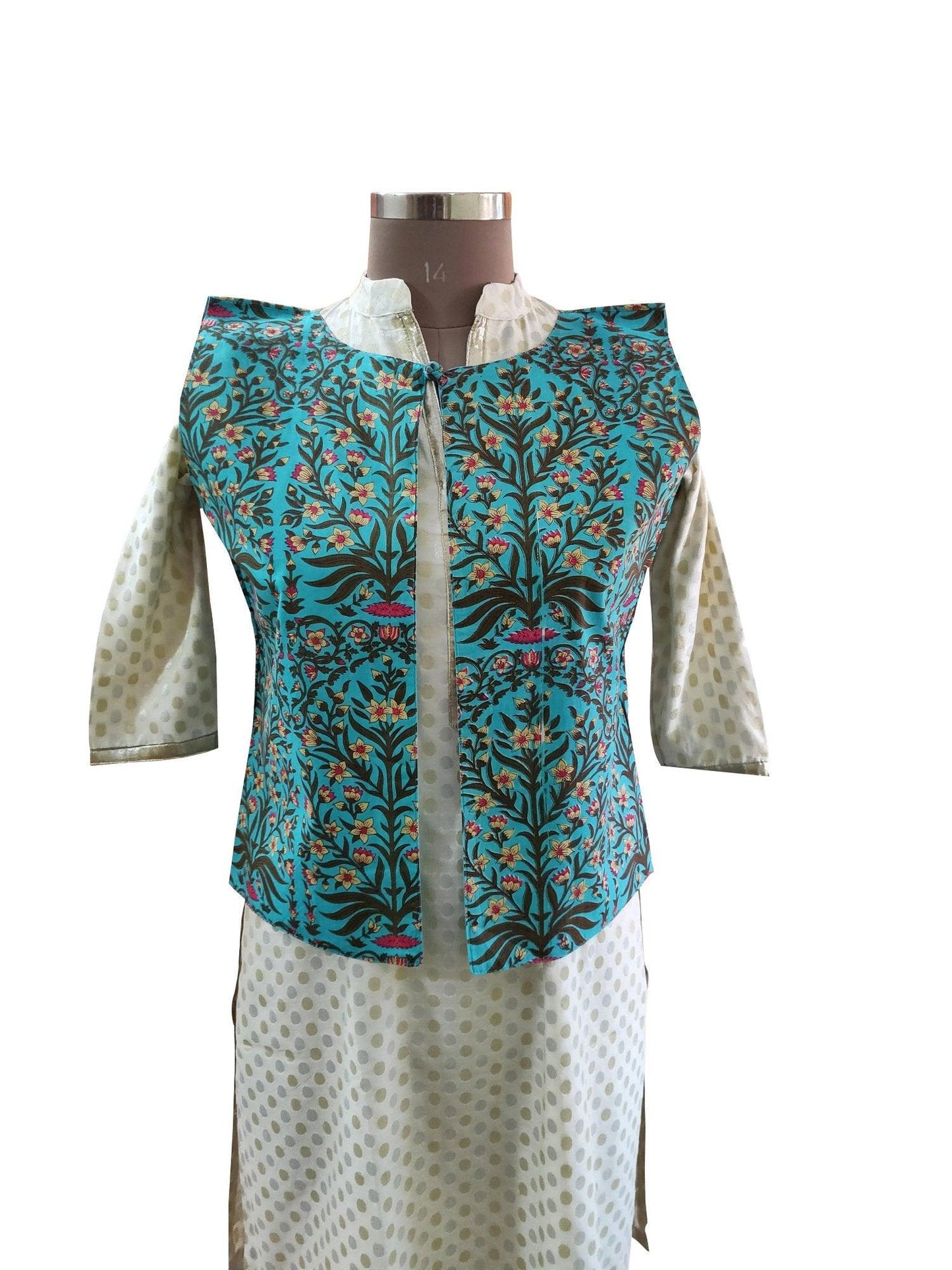 Turquoise Cotton Block Printed Ethnic Jacket ACJ18-Anvi Creations-Jacket,Koti