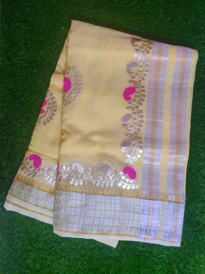 Yellow Pure Linen Cotton saree with Gotta Patti Work AD4703 - Ethnic's By Anvi Creations