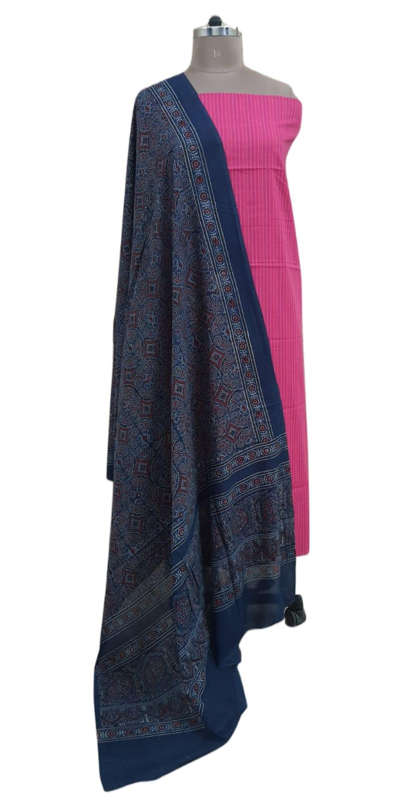 Pink Kantha Embroidered Kurta Top with Ajrakh Printed Dupatta AJK01 - Ethnic's By Anvi Creations