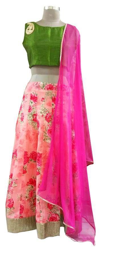 Peach Floral Lehenga Choli with Raw Silk Crop top and Dupatta ALC05-Anvi Creations-Party Wear Lehenga Choli
