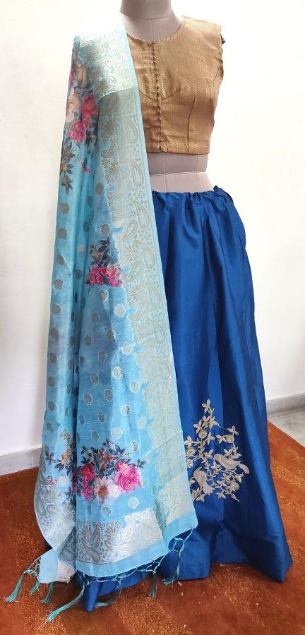 Designer Teal Blue Dupion Silk Ready To Wear Lehenga Skirt with Banarasi Dupatta ALC17 - Ethnic's By Anvi Creations