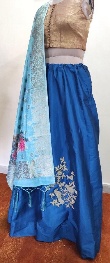 Designer Teal Blue Dupion Silk Ready To Wear Lehenga Skirt with Banarasi Dupatta ALC17 - Ethnic's By Anvi Creations