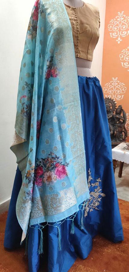 Designer Teal Blue Dupion Silk Ready To Wear Lehenga Skirt with Banarasi Dupatta ALC17 - Ethnic's By Anvi Creations