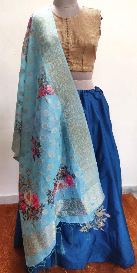 Designer Teal Blue Dupion Silk Ready To Wear Lehenga Skirt with Banarasi Dupatta ALC17 - Ethnic's By Anvi Creations