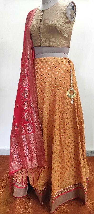 Designer Pure Georgette Peach Ready To Wear Lehenga Skirt with Banarasi Dupatta ALC28 - Ethnic's By Anvi Creations