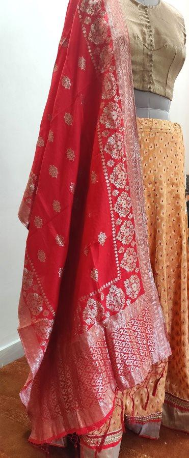 Designer Pure Georgette Peach Ready To Wear Lehenga Skirt with Banarasi Dupatta ALC28 - Ethnic's By Anvi Creations