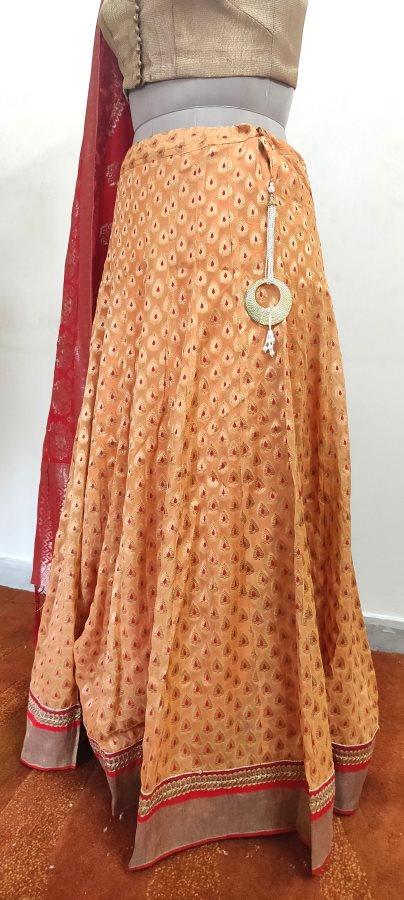 Designer Pure Georgette Peach Ready To Wear Lehenga Skirt with Banarasi Dupatta ALC28 - Ethnic's By Anvi Creations