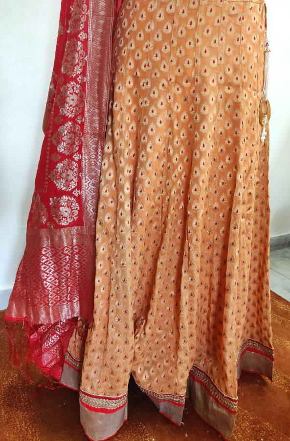 Designer Pure Georgette Peach Ready To Wear Lehenga Skirt with Banarasi Dupatta ALC28 - Ethnic's By Anvi Creations