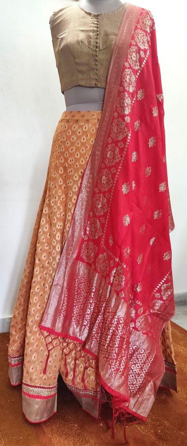 Designer Pure Georgette Peach Ready To Wear Lehenga Skirt with Banarasi Dupatta ALC28 - Ethnic's By Anvi Creations